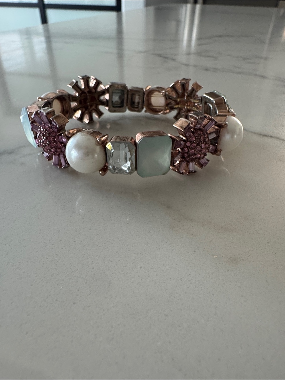 Betsey Johnson Rose Gold Tone Pink Crystal, Pearl & Mint Stone Stretch Bracelet